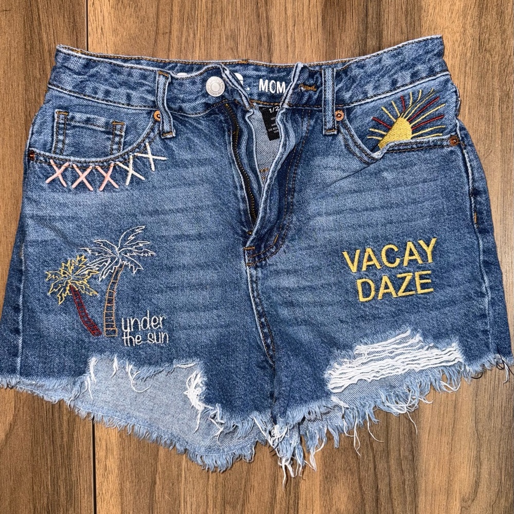 MCM Blue Embroidered Vacay Daze Jean Shorts